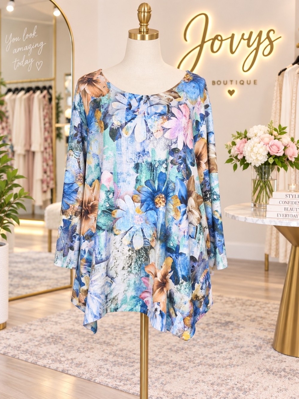 Alfred Dunner Blue Multicolor Floral Boatneck Tunic